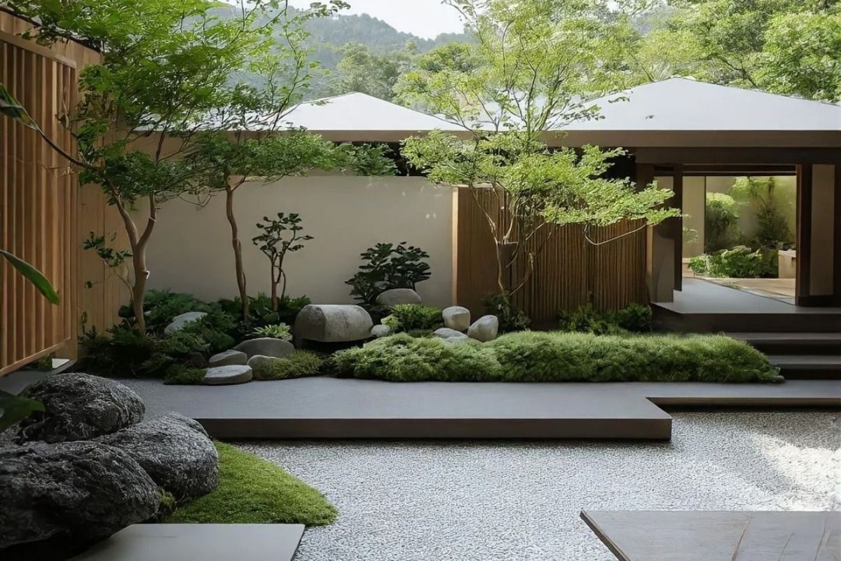 Thiết kế sân vườn hiện đại kết hợp sỏi đá