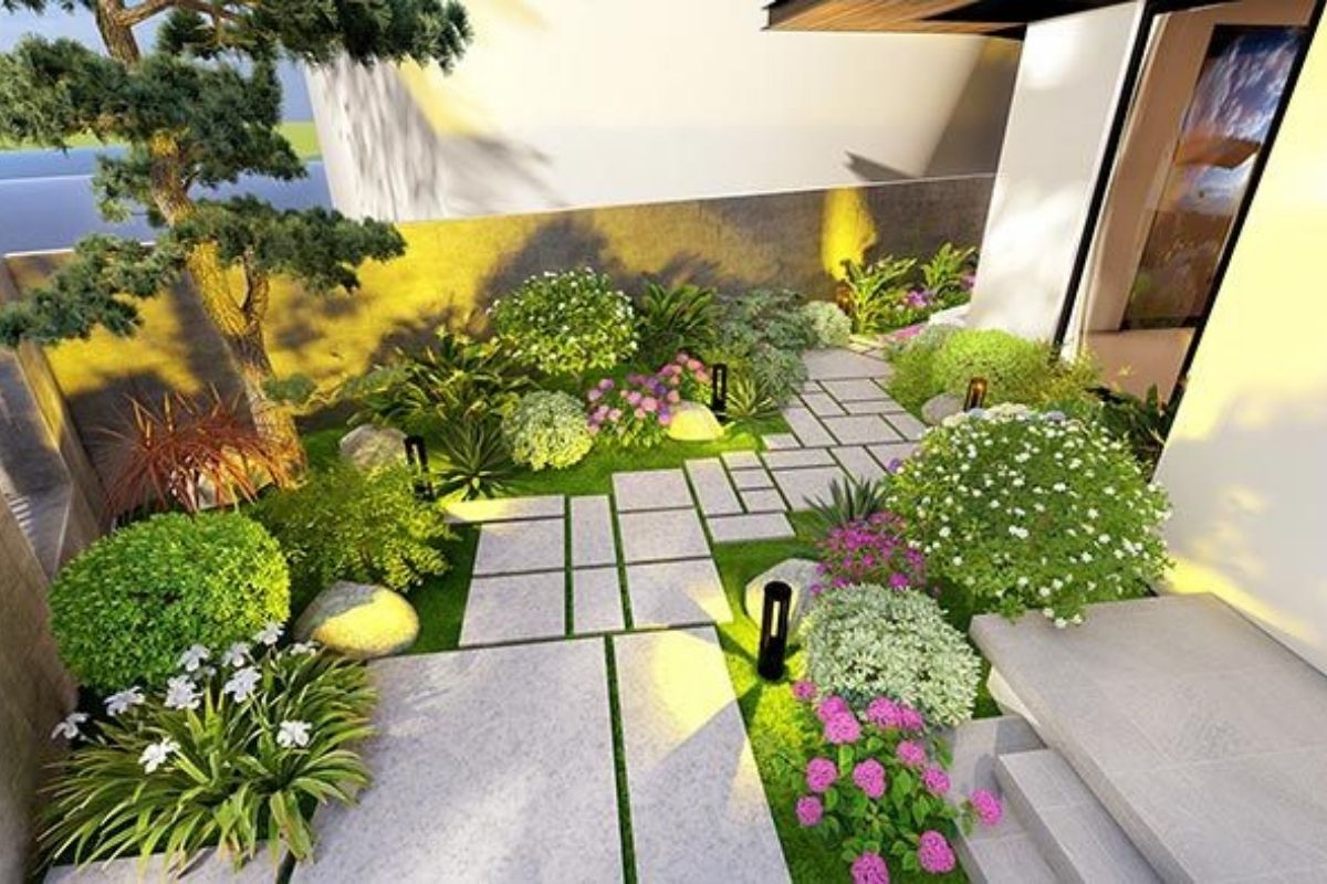 Thiết kế sân vườn trước nhà lối dao hiện đại