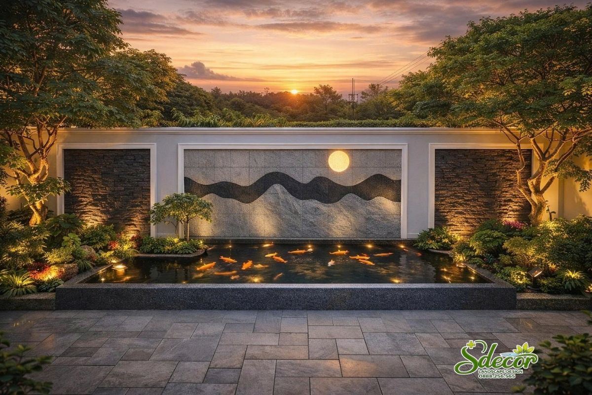 Thiết kế hồ cá koi ngoài trời có tường nước