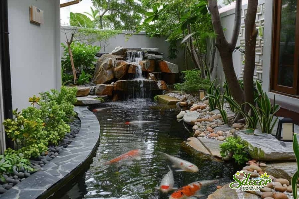 Hồ cá koi hiện đại bên hông nhà