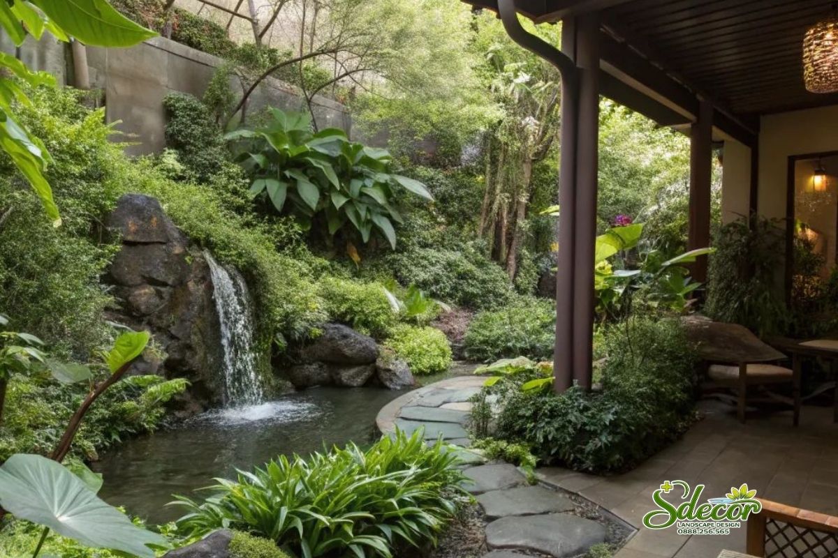 Thiết kế thi công hồ ca koi trước nhà thác đẹp