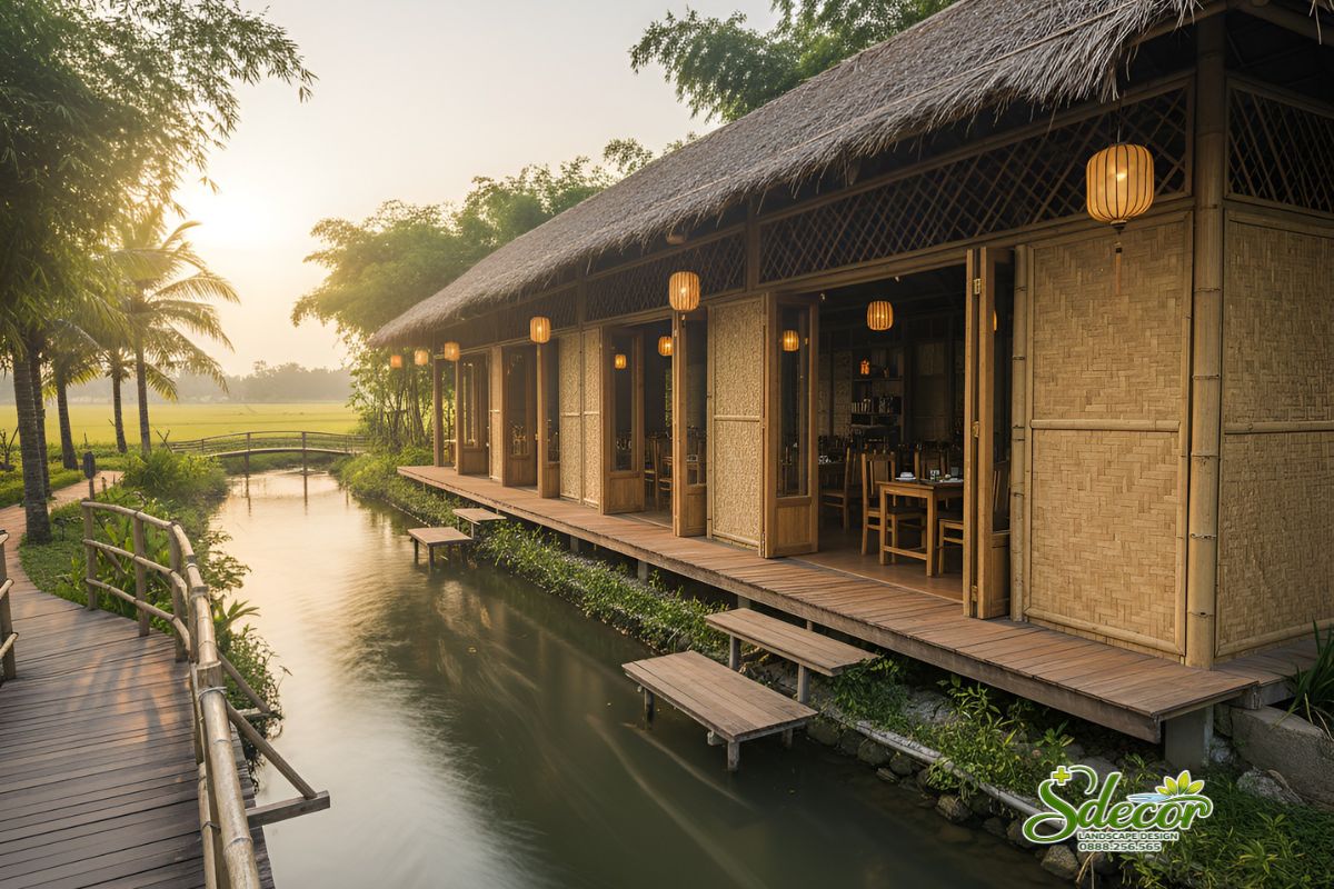 bungalow mái lá trong khu nghỉ dưỡng homestay hòa bình