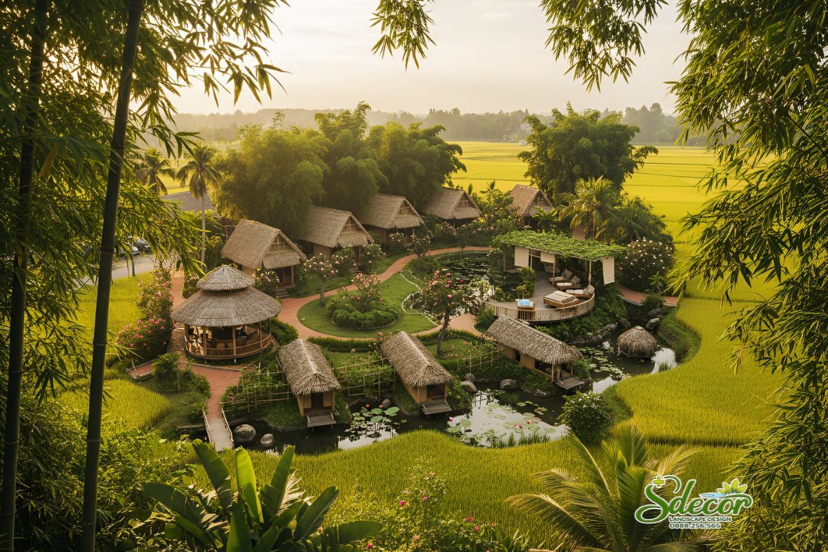 thiết kế cảnh quan khu nghỉ dưỡng homestay hòa bình phong cách truyền thống