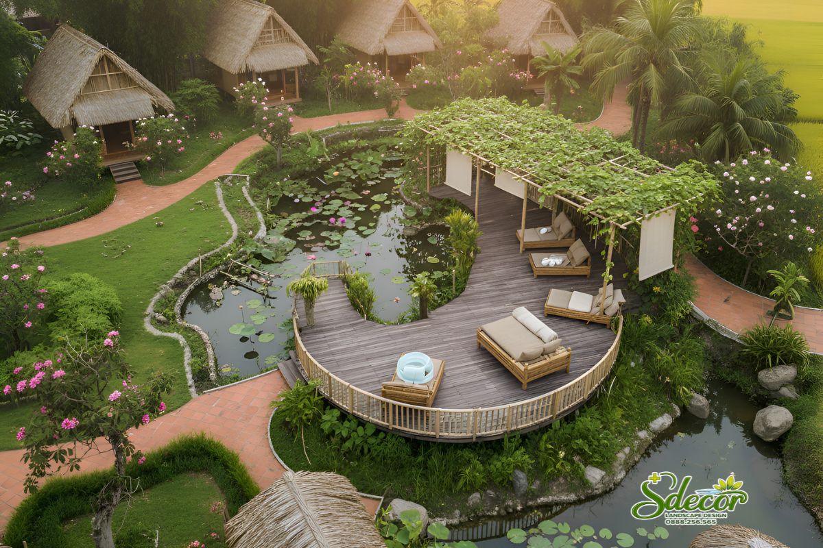 không gian nghỉ ven hồ trong thiết kế cảnh quan homestay