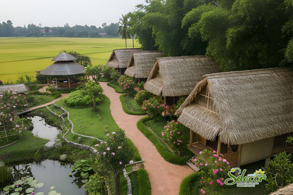lối dạo cảnh quan homestay hòa bình phong cách làng quê