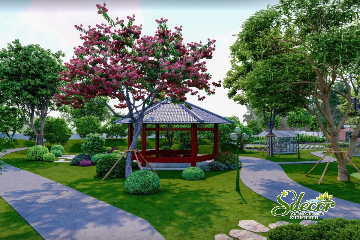 Thiết kế sân vườn nhà thờ họ có chòi nghỉ