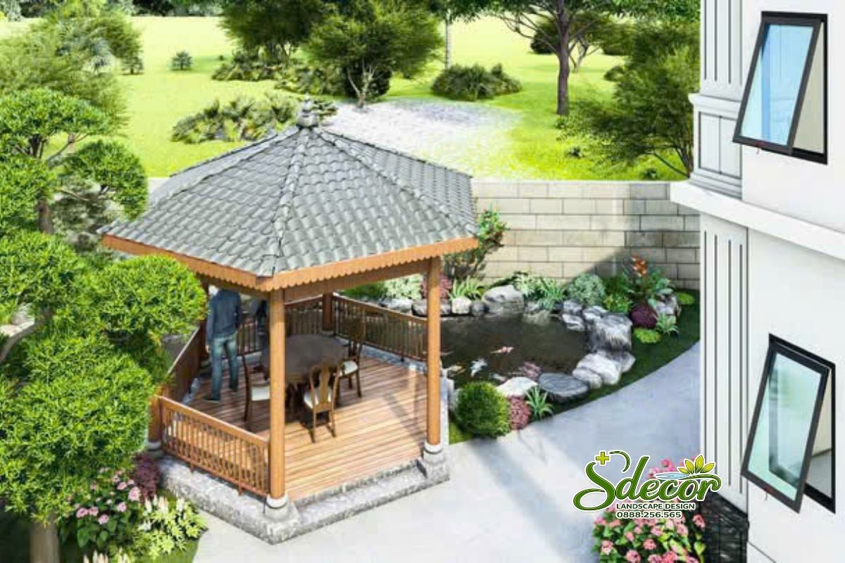 Mẫu hồ cá koi có chòi nghỉ sân vườn