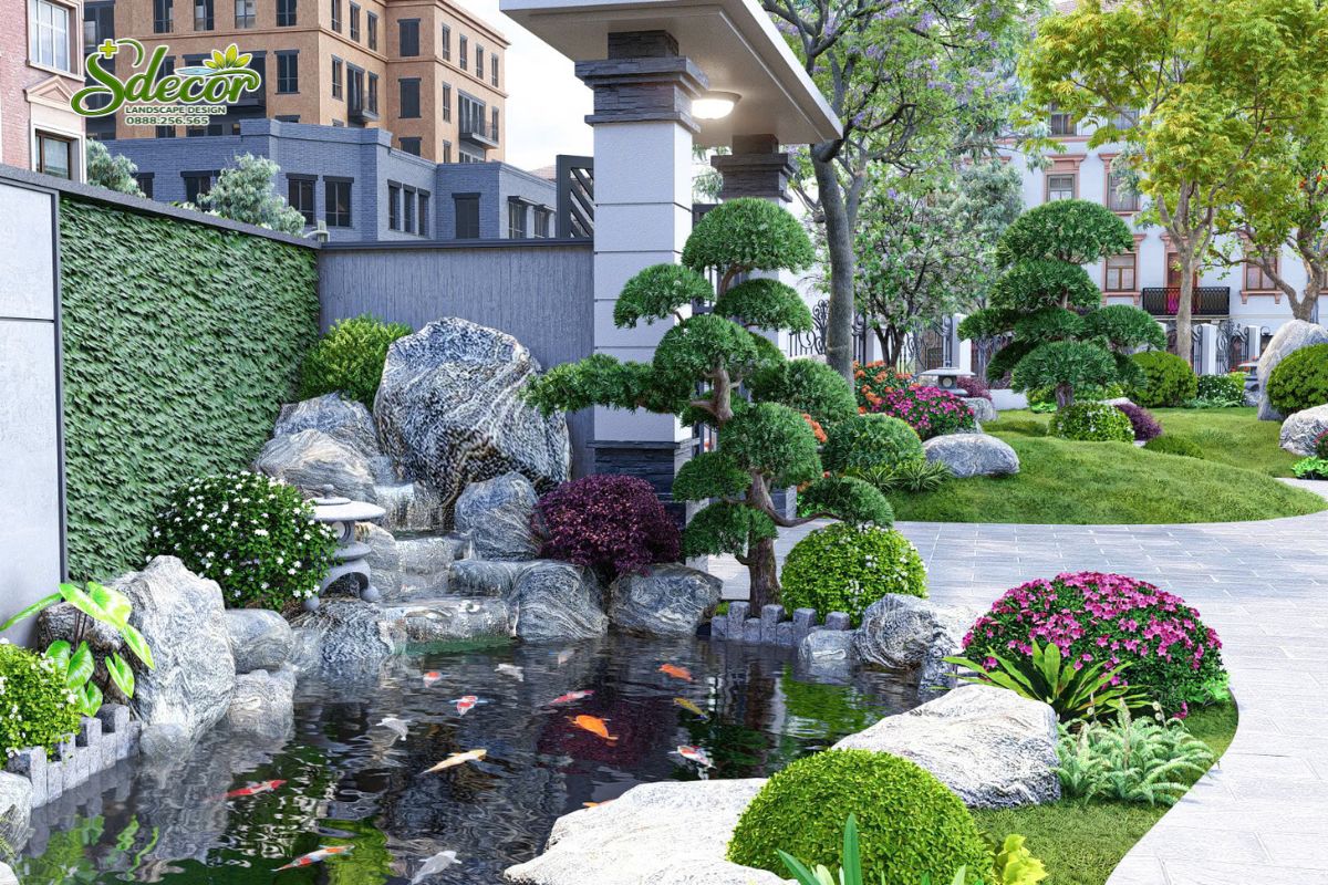 hồ cá koi sân vườn biệt thự Bắc Ninh phong cách Nhật