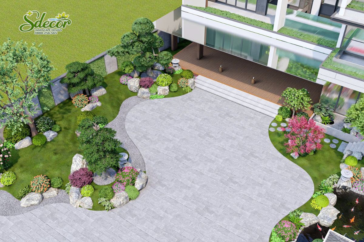 Thiêt kế sân vườn Nhật sân trung tâm lát đá