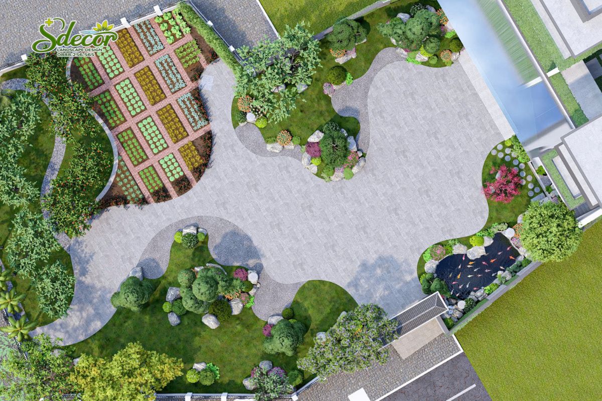 Thiết kế sân vườn biệt thự Anh Tuấn Bắc Ninh góc nhìn từ trên cao